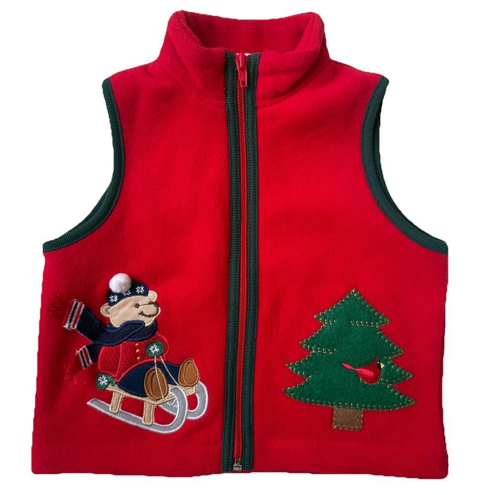 Red Christmas Bear Sledding Fleece Vest Boys 24M Applique Cardinal Tree Holiday